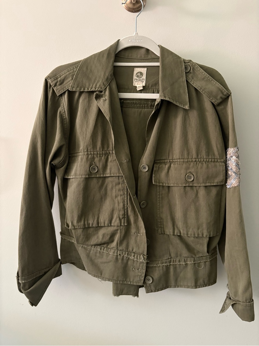 Olive Utility Jacket with Sequin Patch - Picture 1 of 4